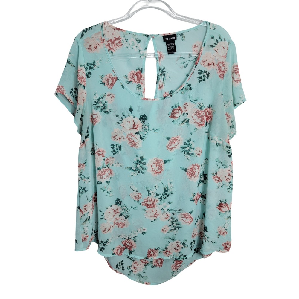 Torrid Womens 2X Blouse Aqua Blue Floral Chiffon Keyhole Back High Low Hem Top